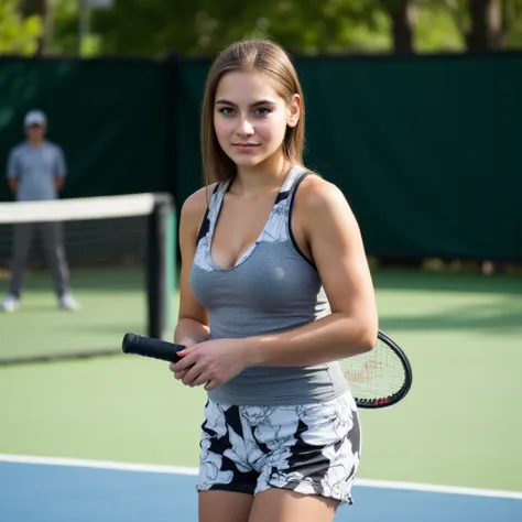 Woman standing on the tennis court. Has a photorealistic style tennis racket in the right hand ,  sharp focus, very detailed, sunlight, Detail,  full body