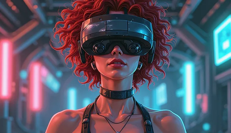 An anime-style cyberpunk illustration of a woman with curly red hair, using a large, futuristic virtual reality headset with integrated headphones. Her expression is neutral but powerful, with her lips slightly separated and a glow on her skin. She wears a...