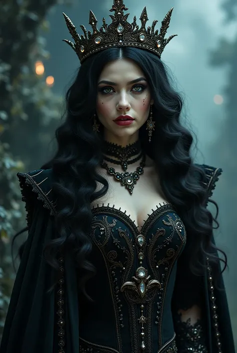 "A captivating Gothic woman, dressed as a queen with luxurious, intricate robes fit for royalty. Her attire is dark and elegant, adorned with elaborate lace, velvet, and rich, metallic accents that shimmer with an otherworldly glow. Her eyes are piercing a...