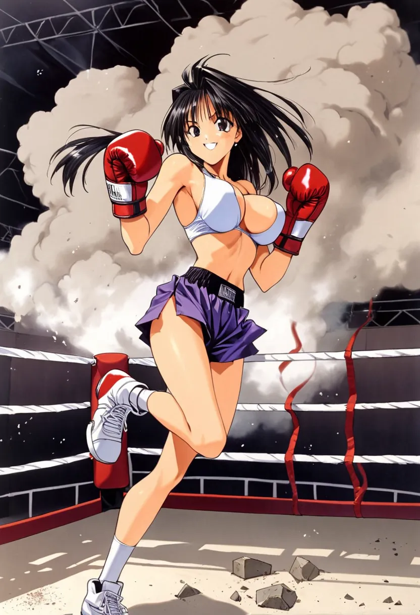 beautiful girl,Large Breasts,long legs,smile,boxing,boxing ring,rubble,Dust cloud,motion blar,1990s