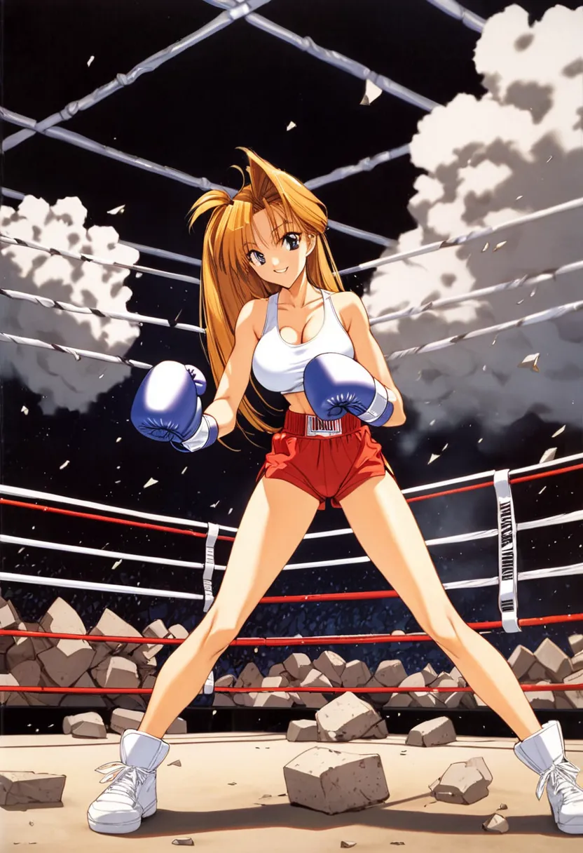 beautiful girl,Large Breasts,long legs,smile,boxing,boxing ring,rubble,Dust cloud,motion blar,1990s