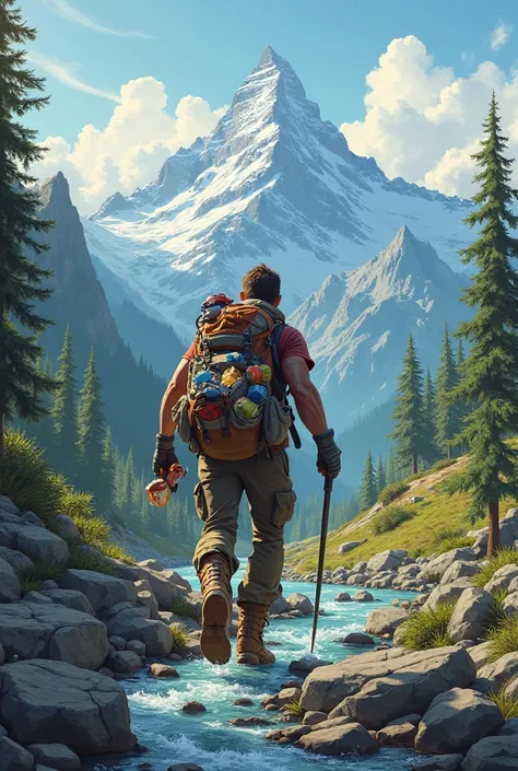 Create a poster of a man walking/going hiking at the mountain, camping in the mountain ,cleaning it's garbage  and carrying it before going home