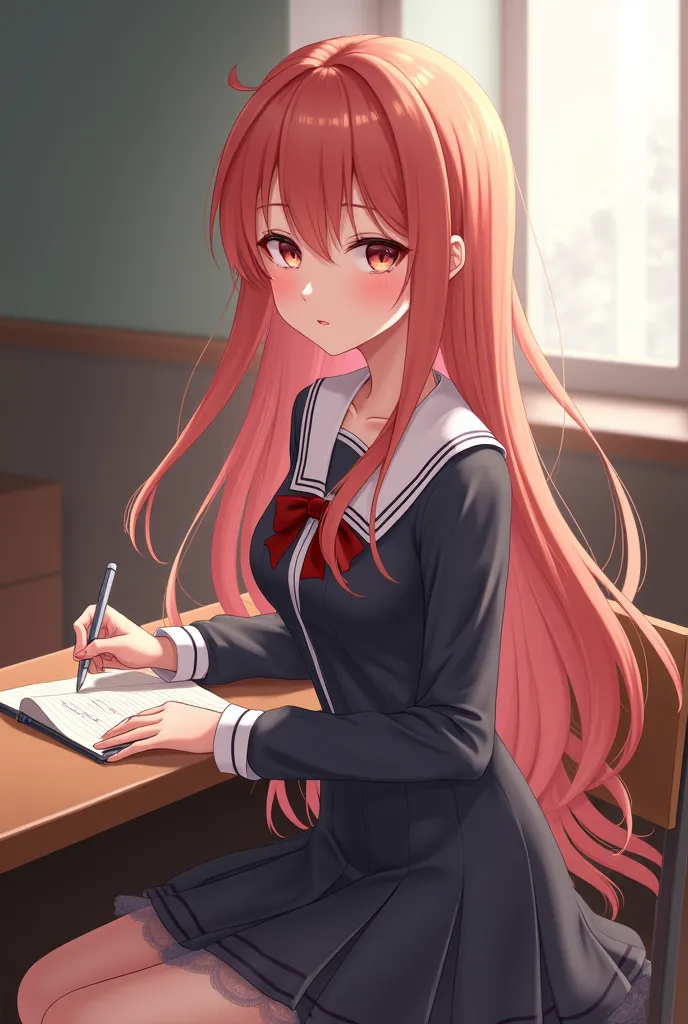 Generate an cute and tsundere anime girl with rose gold coloured long hair,wearing uniform dress,she looks sexy,she is writing on her desk 