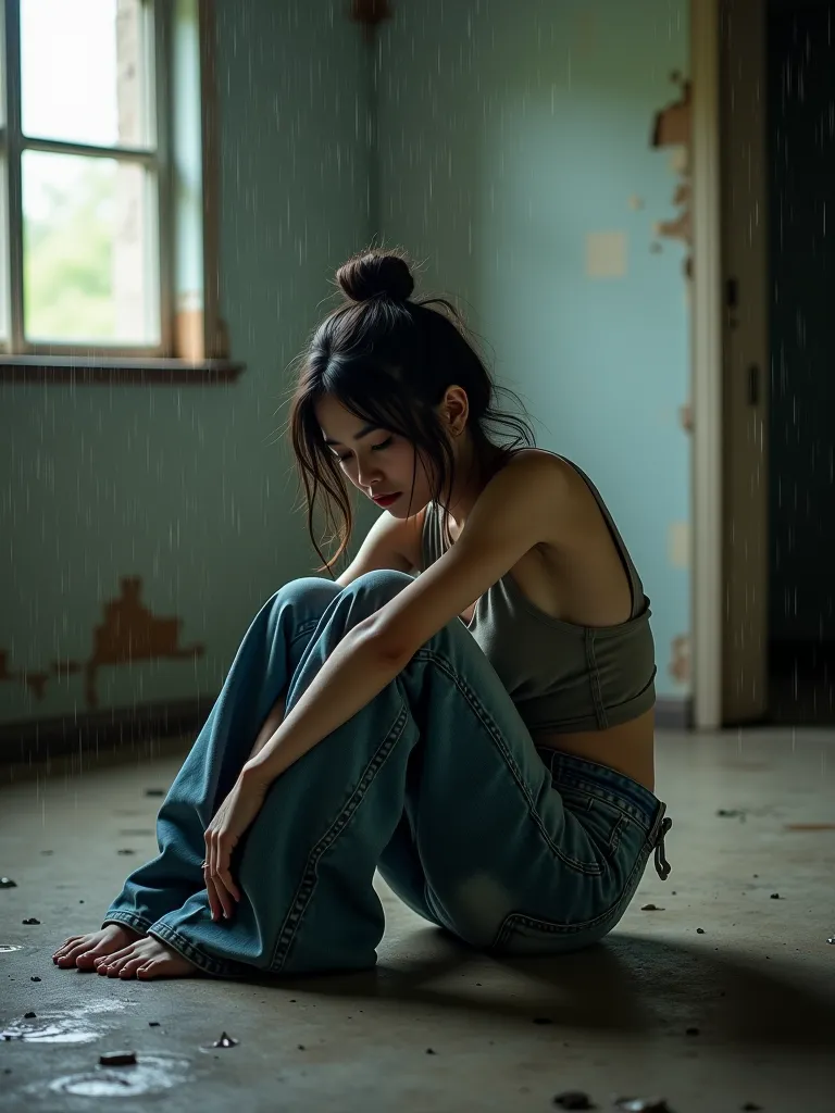 Homeless beautiful and boring woman in mega-flare jeans sitting on the floor in the abandoned house a lot of wet rain