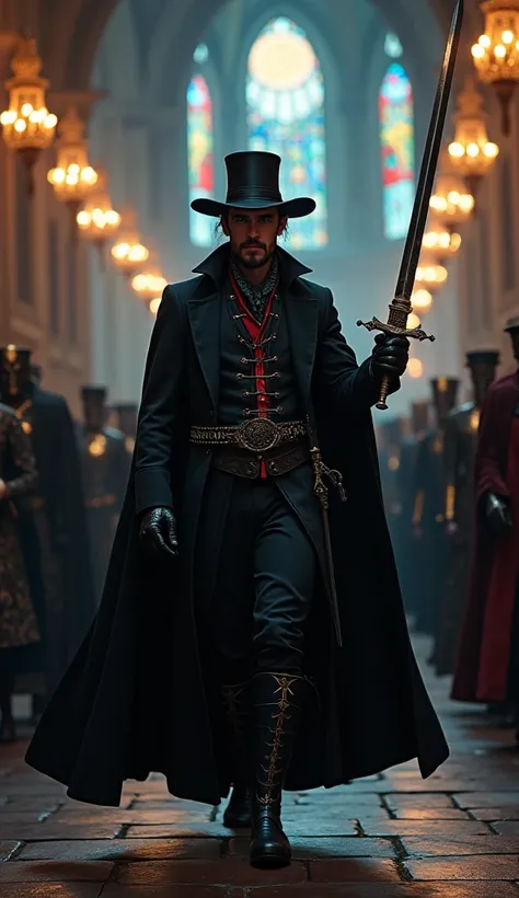 A swordsman with piercing eyes and a thin beard, wearing a long black coat with red details and a wide-brimmed hat, gracefully parading through a Gothic hall illuminated by chandeliers. He wields an ornate black sword, reflecting his mastery and menacing p...