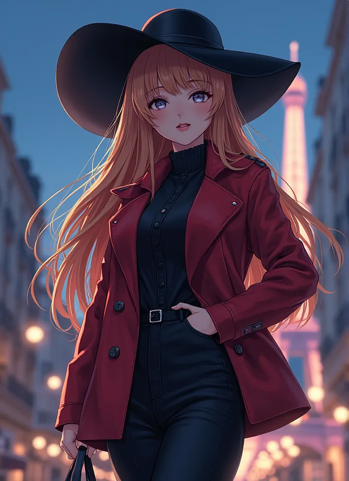 (realistic:0.2), Anime illustration, 1 girl,, red jacket,  big red hat , in Paris, France, sfw, black pants, black office shirt,, Carmem Sandiego  ,, Blue skies,,  long hair,, dramatic lightning, Lights, Lights épicas, Light on the face, backlit, Facial li...