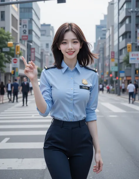 (Super cute busty Korean female police officer is doing traffic maintenance at the intersection:1.2)(smile:1.1)(幸せそうなsmile:1.2)(16k,  RAW photos , highest quality, masterpiece: 1.2),( Cute Bob Cut with Glossy Brown Hair ) Super Detail, super resolution, (G...