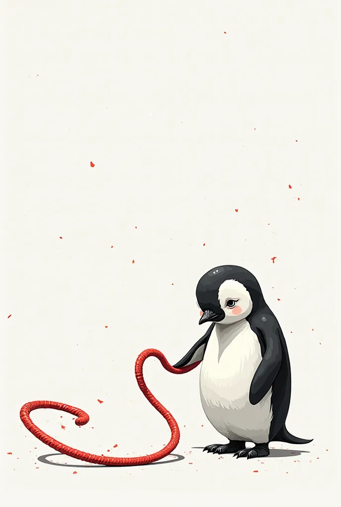 Cute but realistic penguin in 2D, holding long red wire so you can't see the end of the wire, BLACK AND WHITE ART, Only the red thread