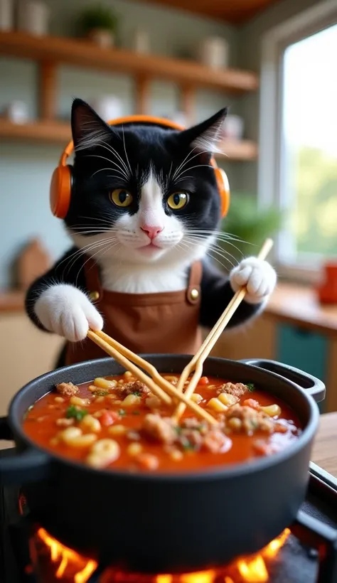 "An adorable black and white cat, with a cute, round body, using a brown apron and headphones while cooking in a pot over the stove. He holds chopsticks with his paws and carefully stirs the hot stew, filled with pasta, meat and vegetables. The fire burns ...