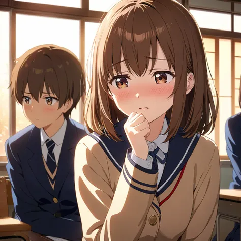 with an anime-style taste、A woman with short brown hair wearing a high school uniform、can't make eye contact with my classmate's boy、take a cold attitude