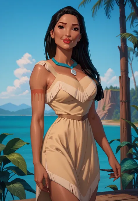 realistic, po_s, 1girl, native american woman, dark skin, red lips, long raven-black hair, black eyes, red tattoo on arm
turquoise necklace
beige off-the-shoulder buckskin dress, beautiful, sexy posing, 