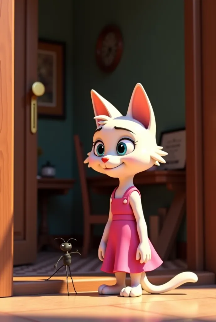 a close up of a cartoon cat standing in front of a door, A cartoon inspired by François Quesnel, Popular posts in the CG community,  happening , white cat in a pink dress,  There is an ant standing in front of a building in Zootopia , disney's bambi cat, Z...