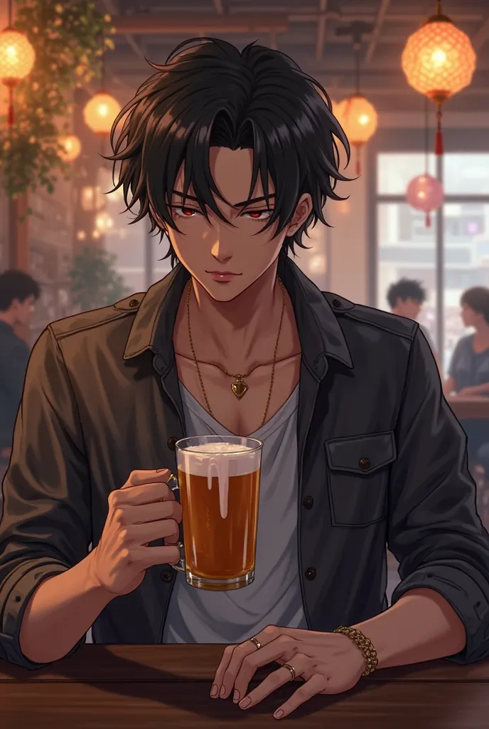 Create an anime image of a handsome black-haired gay man in casual clothes holding a glass of beer in his hand at a bar,Handsome hands the man is handsome 