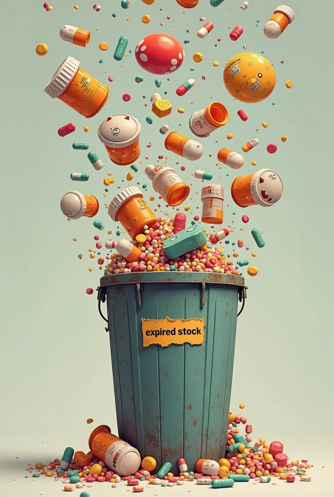 Animated pills falling into a trash can labeled "Expired Stock."  