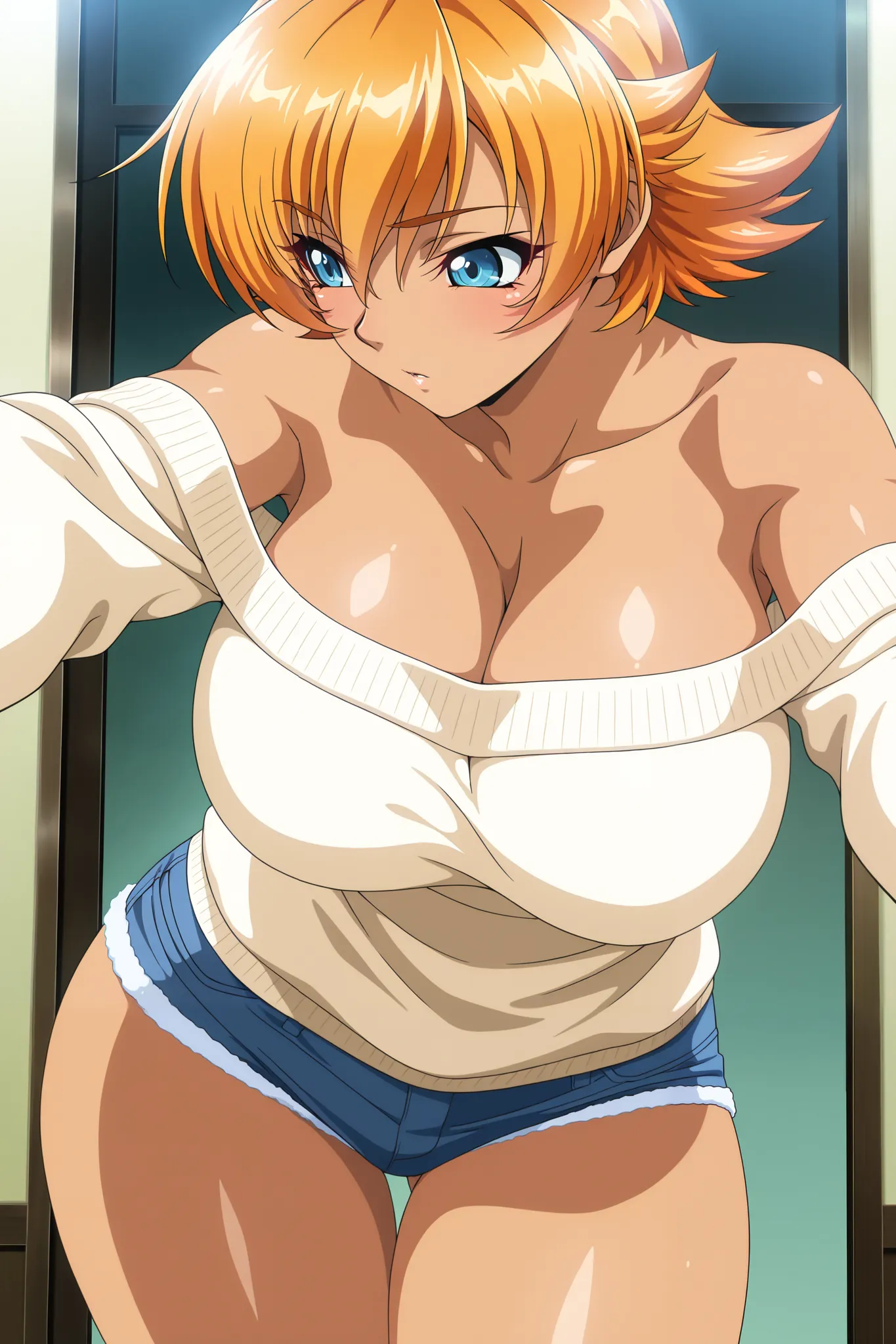 masterpiece,best quality, amazing quality, very aesthetic,anime screencap ,1girl, Igawa Sakura, orange hair, short hair, flipped hair, blue eyes, curvy, large breasts, thighs, off-shoulder sweater, short shorts, bare shoulders, 