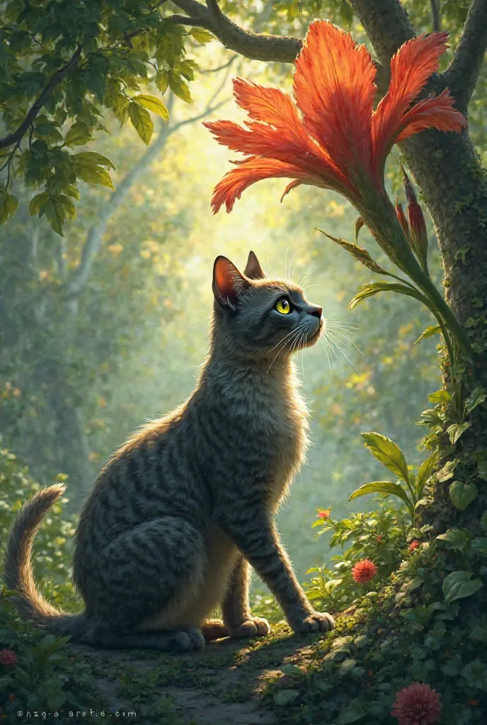 A cat is standing by a flower under a tree the flower was very high up