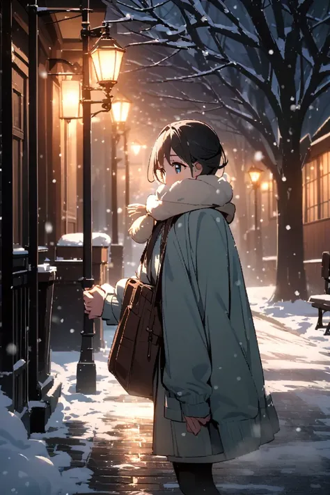 it's snowing、snow is piling up、Back view of walking under street lights at night when it snows。Beautiful details。The warm light of the street lamp illuminates the snow、It casts a long shadow on a snowy road。The background is a quiet tree-lined street with ...