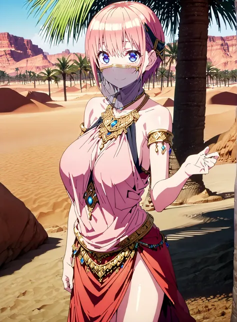 score_9, score_8_up, score_7_up,  source_anime,  Nakano Ichika,  short hair, Alone,bangs, blue eyes,  o, pink hair near MM, smile,blush,Big Breasts,Chest Valley,Arabian clothing,  dancer , mouth Veil, belly Dancing, Veil, armlet, Bare legs,is standing,palm...