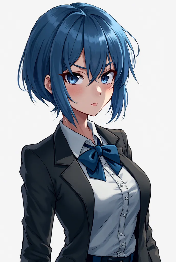 She has short blue hair, sharp eyes and a permanent scowl on her face. She's wearing the school uniform but with a black jacket over it.Hourglass figure with full C-cup chest that strains against the fabric. Confident posture shows off her feminine curves.