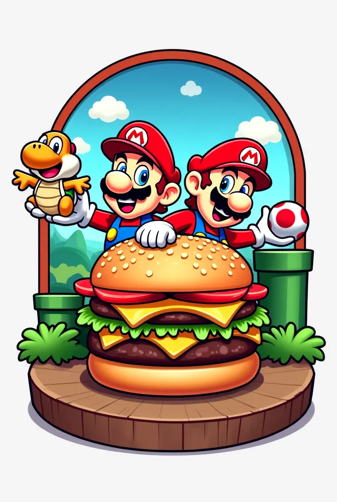 Create a fast food logo with a hamburger in the background called Bross Burger themed by Mario Bross 
Play video games add parents and the Mario Bross turtle eating the hamburger 