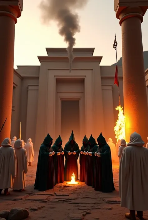 A sacred Persian temple at dawn, during the time of Darius the Great. Hooded priests in flowing white and gold robes whisper prayers in the dim morning light. Wisps of sacred smoke rise from burning embers, curling in the air. Tall Achaemenid banners, ador...