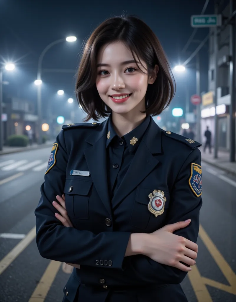 (A super cute busty Korean female police officer is standing with her arms crossed at an intersection:1.2)(smile:1.1)(幸せそうなsmile:1.2)(16k,  RAW photos , highest quality, masterpiece: 1.2),( Cute Bob Cut with Glossy Brown Hair ) Super Detail, super resoluti...