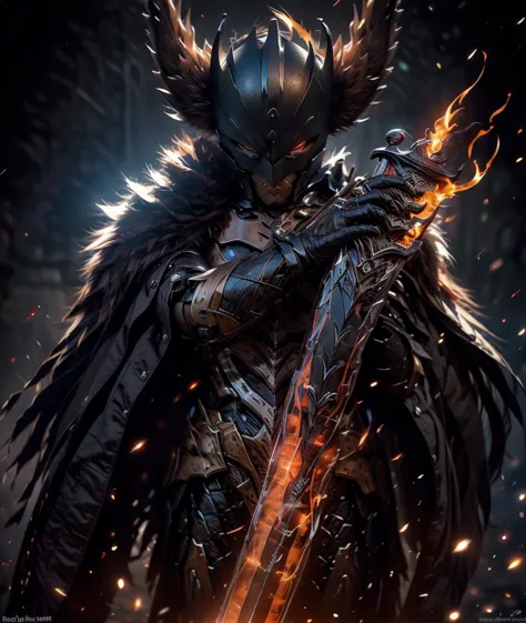 Dark knight face to the viewer, dark crown, sword covered in flames, realistic, crown guard, glowing eyes, fantasy, detailed, detailed background, expressionism