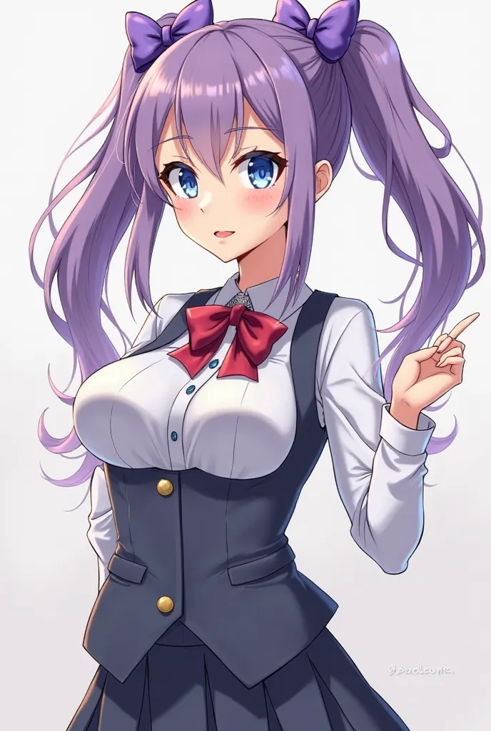 Hourglass figure with full C-cup chest that strains against the fabric. Confident posture shows off her feminine curves.She has long purple hair tied into ponytails, big captivating blue eyes and a kind, charming smile. She's wearing the school uniform and...