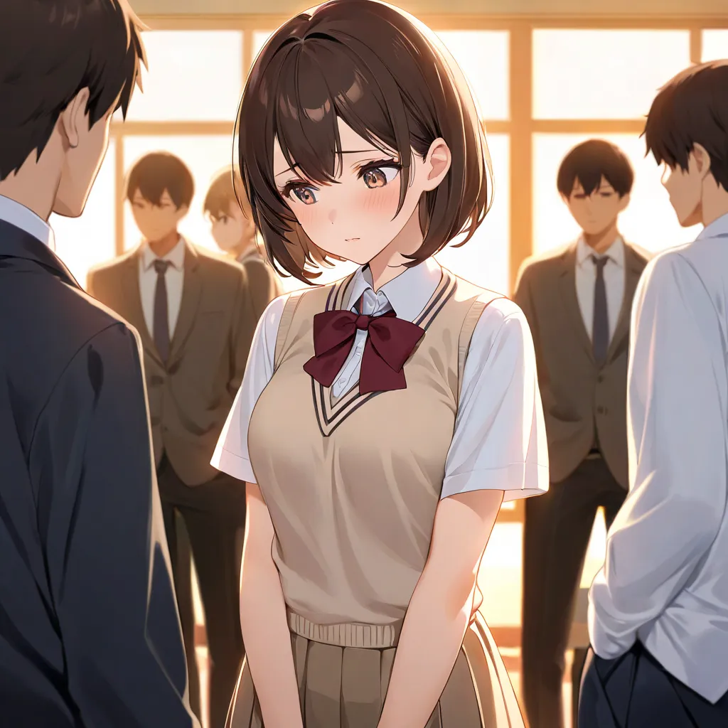 with an anime-style taste、A woman with short brown hair wearing a high school uniform、Trying to keep the conversation going、while being shy。Men try to talk about it