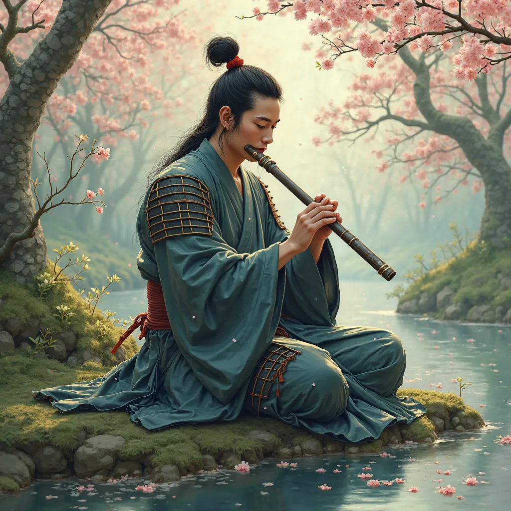 Samurai plays the flute Japan