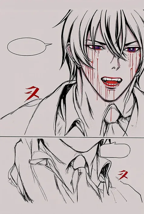 anime drawing of a man with a bloody face and a tie, lineart by Shingei, tumblr, process art, gapmoe yandere, sad!, yandere, his eyes are bleeding intense, scene!!, bloody scene, comic page, yandere intricate, stained”, yandere. tall, creepy!!, ((zerator))...