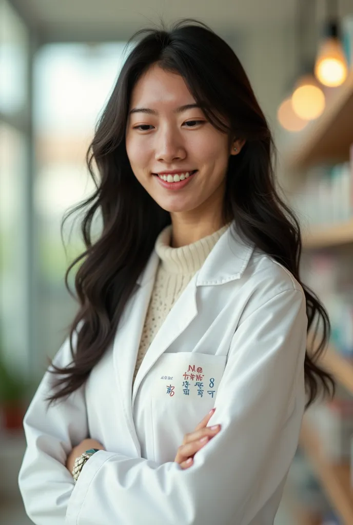 young beautiful woman, pharmasist,white coat, smiling, black hair, embarrassed, high quality, detailed portrait, realistic, photorealistic, cinematic lighting, dynamic pose, intricate facial features, delicate skin texture, warm color palette, hospital, so...