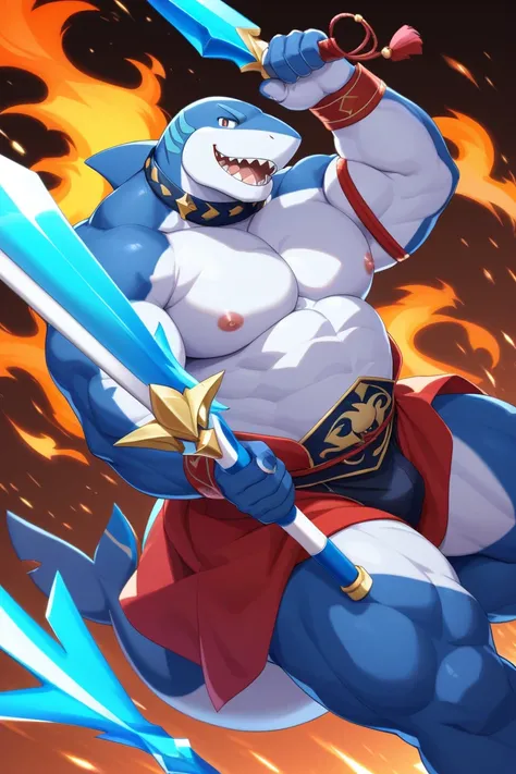 Mature male, anthro, bara, musclegut:0.2, tall, (small waist), (biceps, thic arms), (thick jaw), (broad chin), (kemono), (blue shark), blue skin, 黒いレザージャケットを着ている,指なしグローブをつけている, ボンテージパンツをはいている,floating spear,spear in air, spear pointed at viewer,sharp focus...