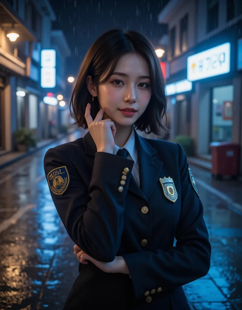 (Super cute busty Korean female police officer points his muzzle at the camera in a slum:1.2)(smile:1.1)(幸せそうなsmile:1.2)(16k,  RAW photos , highest quality, masterpiece: 1.2),( Cute Bob Cut with Glossy Brown Hair ) Super Detail, super resolution, (Genuine,...