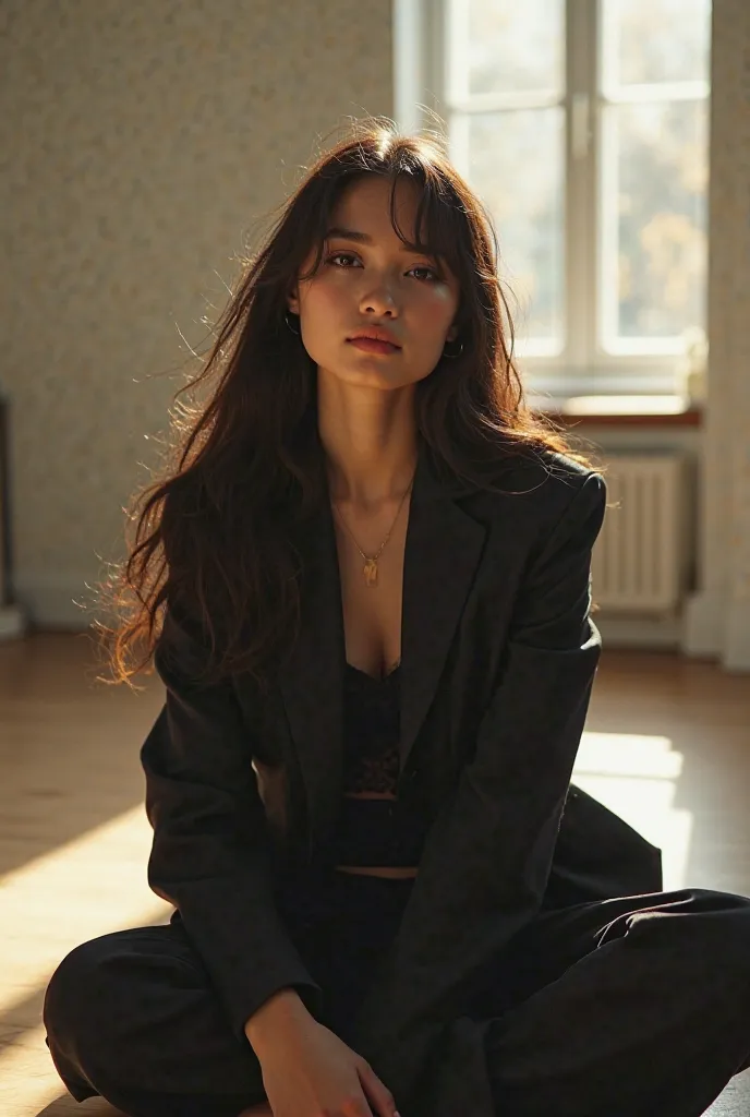 A girl with long hair, she is sitting on the floor in a black jacket, this is a modern style photo shoot, the photos are light and a lot of aesthetics, you can add sunlight. She is 19 years old