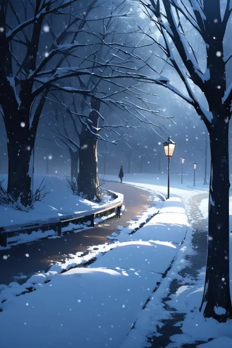 it's snowing、snow is piling up、Walking under street lights at night when it snows。Beautiful details。The warm light of the street lamp shines on the snow、It casts a long shadow on a snowy road。background is quiet, and the background is a quiet tree-lined st...