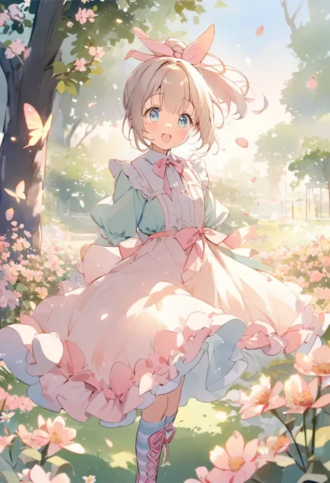 Cute Anime Girl, big, bright eyes ,,playful expression,Light Hair,pink ribbon,Nice clothes,frill dress,Large puff sleeves,Fancy ribbon,ponytail,Striped socks,lace up boots,In a blooming garden,Bright flowers々,flying butterfly 々,Soft green grass,Clear blue ...