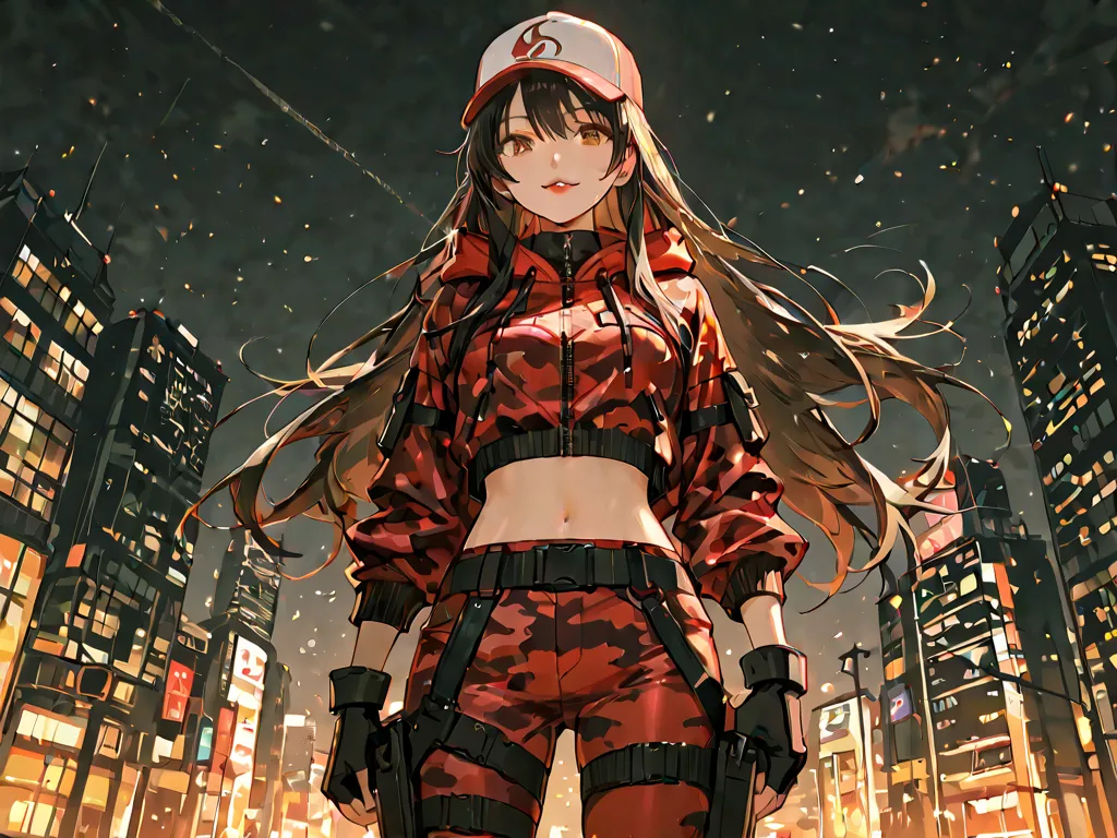 score_9, score_8_up, score_7_up, score_6_up, score_5_up, score_4_up, 4K, 8K, masterpiece, high quality
1girl, (black long hair), (exposed midriff)
simple design cap,(all-red-cap),red camouflage hoodie, hood, fingerless gloves, red pants, red thigh holster,...