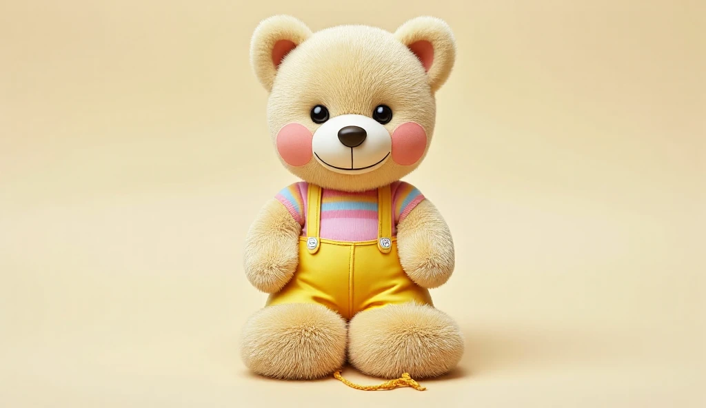 A  a cute bear cub, plush character with a soft face and large, expressive eyes that convey a friendly demeanor. It has a light brown (cream) fur coat and rosy cheeks, adding to its adorable appearance. The bear is dressed in a colorful, striped tank top t...