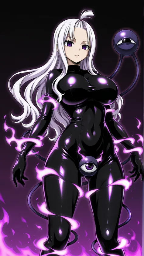 masterpiece,best quality,amazing quality,absurdres, BREAK 1girl,solo,Mirajane Strauss_\(fairy tail\), large breasts,corruption,  empty eyes,(Expressionlessn:1.2), (black latex skin tight:1.2),bimbofication,a blasphemous eyeball called (Kuromaru:1.1) is flo...