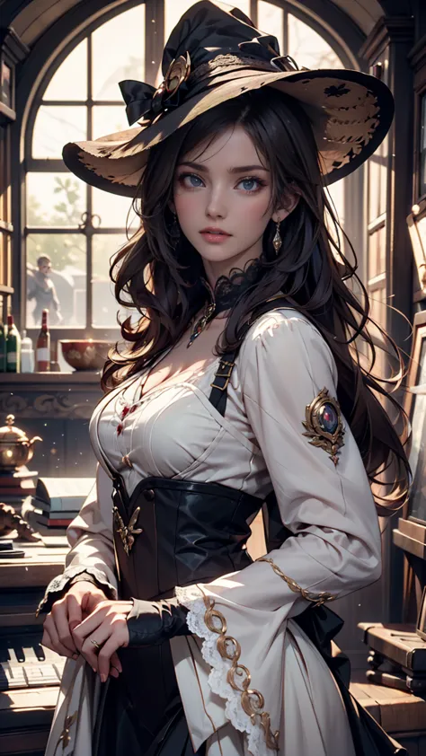  with a girl in a white lace dress and Leonardo da Vinci's memo in the background、Image of À la Fed, A beautiful young and spiritual figure , Magical Girl Portrait, Portrait of a young witch girl,  girl in steampunk clothes , Musician girl in lace clothes,...