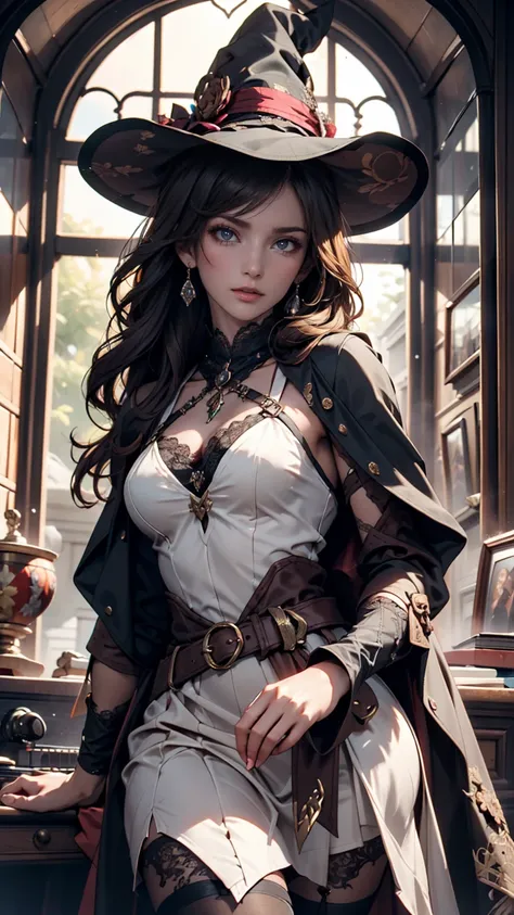  with a girl in a white lace dress and Leonardo da Vinci's memo in the background、Image of À la Fed, A beautiful young and spiritual figure , Magical Girl Portrait, Portrait of a young witch girl,  girl in steampunk clothes , Musician girl in lace clothes,...