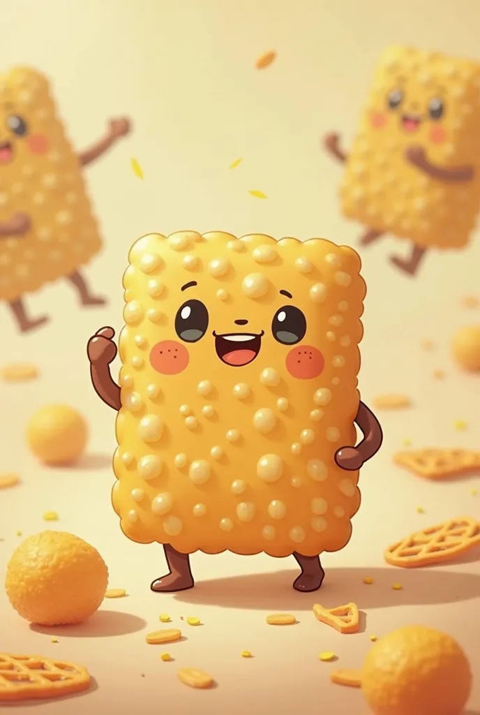 I want to make Rice Crackers as characters,, Please make a character with arms and legs, Please make it rectangular, Please be like an animated character, Slightly white