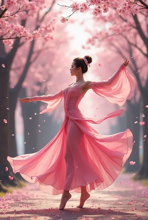 A dancer in a pink costume is dancing in a row of cherry blossom trees、 Lots of cherry blossom petals dancing 、