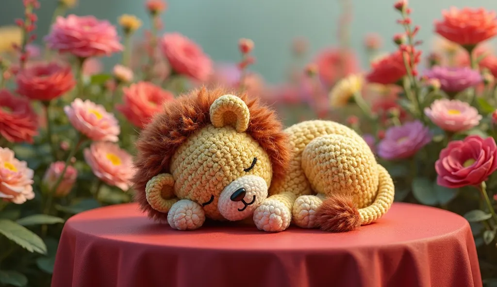 a flower garden, spectacular image, and a red table on top of it a sleeping lion amigurumi