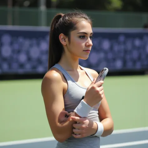 Woman standing on the tennis court. Has a photorealistic style tennis racket in the right hand ,  sharp focus, very detailed, sunlight, Detail,  full body