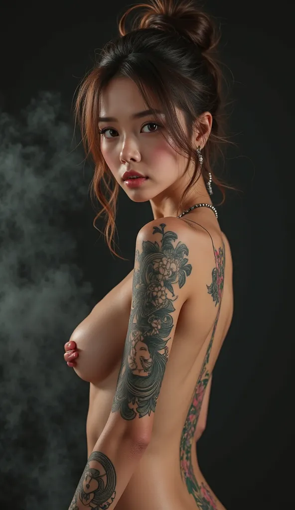 a realistic cute tanned Japanese woman, with a romantic and lewd face, bun brown hair, forehead, make-up, violet eyes, excellent body proportion, covered in tattoos, undress, she looked flirtatiously at the camera and biting her lips, void black and smoke ...