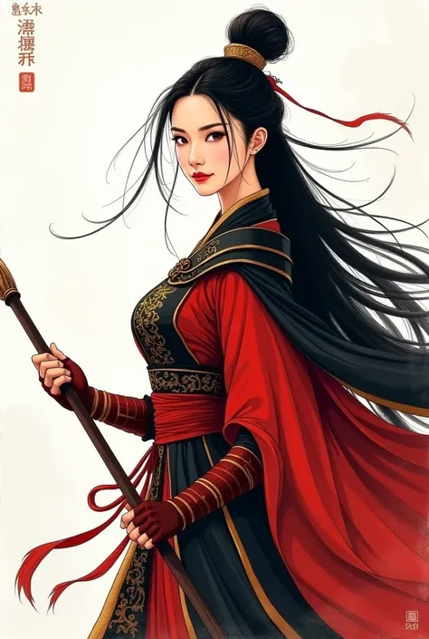 Mulan Chinese style ink painting， the heroic image of the heroine Hua Mulan is outlined with delicate brushstrokes and rich colors。 Mulan is wearing a red and black ancient military uniform， the armor with golden cloud pattern border sets off her resolute ...