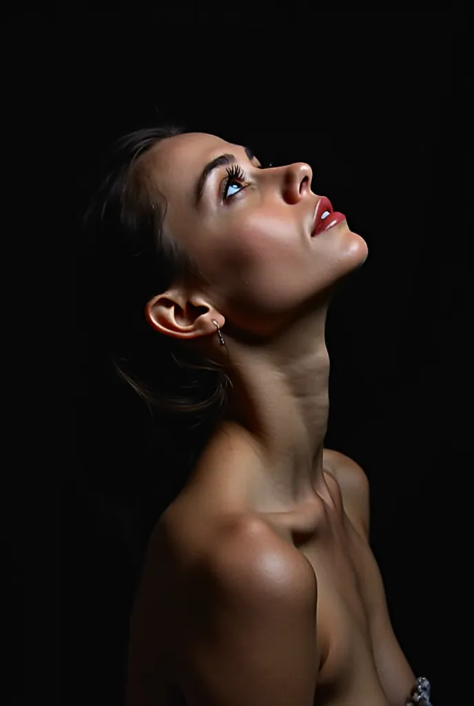 a woman gazing upwards, her face illuminated against a stark, dark background, The lighting emphasizes her smooth skin, the curve of her neck and shoulders, and delicate facial features like her slightly parted lips and prominent cheekbones, Her eyes, dire...