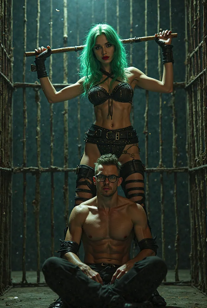 A girl with green hair whips a guy with glasses. The guy is sitting in a cage. girl in bdsm outfit 